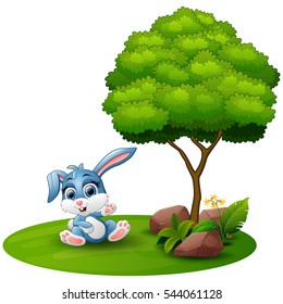 Vector illustration of Cartoon rabbit sitting under a tree on a white background