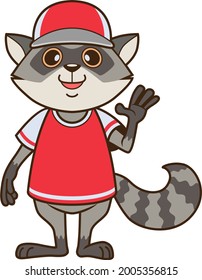 Vector Illustration of a Cartoon Raccoon In a Cap and TShirt Isolated on a White Background