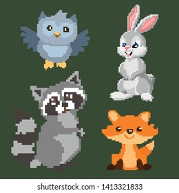 Vector Illustration of cartoon raccoon, Fox, hare, owl -pixel design