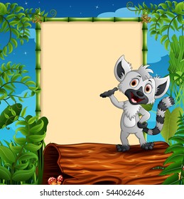 Vector illustration of Cartoon raccoon presenting on hollow log near the empty framed signboard