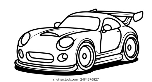 Vector illustration of a cartoon race car outline, perfect for coloring pages, children's books. Ideal for creative projects and automotive-themed designs. Isolated on white background