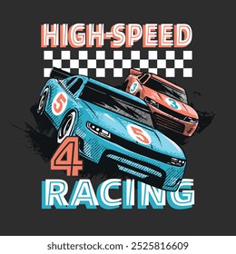 Ilustração vetorial de carro de corrida de desenhos animados e tipografia