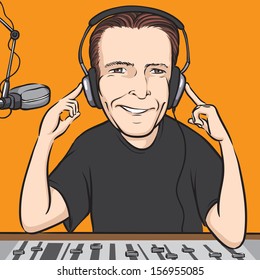 Vector illustration of cartoon radio dj. Easy-edit layered vector EPS10 file scalable to any size without quality loss. High resolution raster JPG file is included.