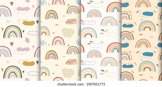 Vector illustration. Cartoon rainbow seamless backgrounds collection. Wallpapers set. Natural concept. Hand drawn style. Design elements for print on backpack, phone case, t-shirt. 