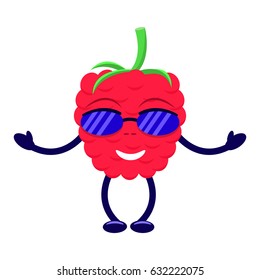 Vector illustration of a cartoon raspberry in sunglasses with pens and legs. Isolated white background. The character is a colorful berry of raspberries. Flat style.