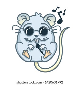 Vector illustration of Cartoon rat. Cute rat in black glasses and a microphone in hand 