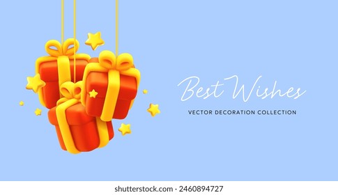 Vector illustration of cartoon red color gift box with golden ribbon hanging by thread and star. 3d style holiday template design of present box and text best wishes on blue background. Festive gift