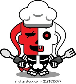 vector illustration of cartoon red devil bone mascot character halloween skull cute chef