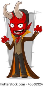 A vector illustration of cartoon red devil in brown cape