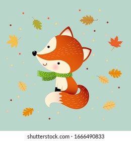 Vector illustration cartoon red fox with autumn leaves. Hello autumn background.