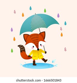 Vector illustration cartoon red fox in brown boots with umbrella splashing in a puddle in rainy day.