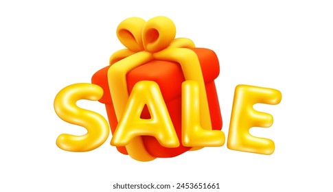 Vector illustration of cartoon red gift box with ribbon and golden color word sale. 3d style design of shine letter sale and present on white color background for web, site, banner, poster