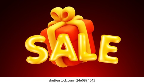 Vector illustration of cartoon red gift box with ribbon and golden color word sale. 3d style design of shine letter sale and present on red color background for web, site, banner, poster