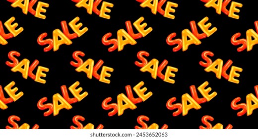 Vector illustration of cartoon red and golden color word sale. 3d style design of seamless pattern with shine letter sale on black color background for web, site, banner, poster