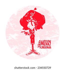 Vector illustration of cartoon red hipster santa claus holding sack of gifts. Hand drawn decorative element or your xmas design isolated on white background. Merry christmas lettering. 