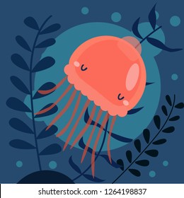 Vector illustration of cartoon red jellyfish isolated on dark background with sea plants and aquatic marine alga. Sea animal character used for magazine, book, poster, card, children invitation.