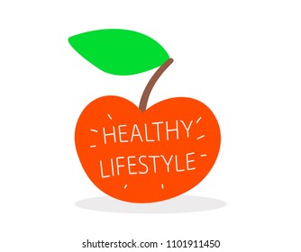 Vector illustration of cartoon red juicy apple with green leaf and text on white background with shadow. Doodle flat style design for web, site, print