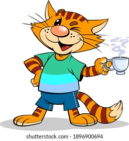 A vector illustration of a cartoon red striped cat with cup of coffee