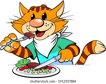 A vector illustration of a cartoon red striped cat eating a dinner 