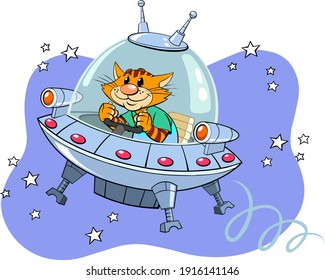 A vector illustration of a cartoon red striped cat flying through space in the spaceship