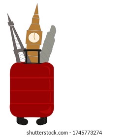 Vector illustration cartoon red suitcase. Isolated on white background. Copy space