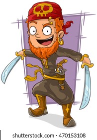 A vector illustration of cartoon redhead pirate with swords and pistol