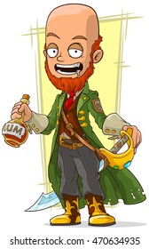 A vector illustration of cartoon redhead pirate with rum and sword