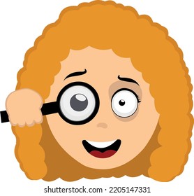 Vector illustration of a cartoon redhead woman head observing with a magnifying glass