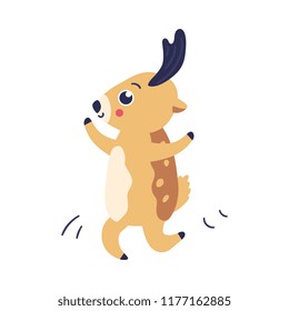 Vector illustration of cartoon reindeer dancing and jumping with happy smiling face isolated on white background - cute joyful animal with antlers having fun in flat style.