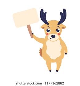 Vector illustration of cartoon reindeer holding blank nameplate in one hand up isolated on white background - cute horned animal with plate can be used for copy space in flat style.