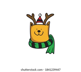 Vector illustration cartoon reindeer sticker. Merry Christmas and happy new year. decorative element on holiday. Greeting card design, posters, gift tags and labels.