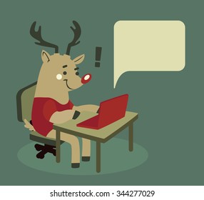 Vector illustration of a cartoon reindeer using a notebook. A balloon pops out the computer. Character isolated from background.