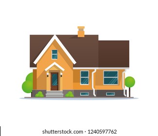 Vector Illustration Cartoon Residential Townhouse. Image Townhouse Isolated On White Background. Concept Life Outside Metropolis. Small Wooden House For Outdoor Living. Growing Trees Around House