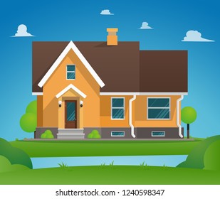 Vector Illustration Cartoon Residential Townhouse. Image Townhouse Background blue sky. Concept Life Outside Metropolis. Small Wooden House for Outdoor Living. Lake in Front House