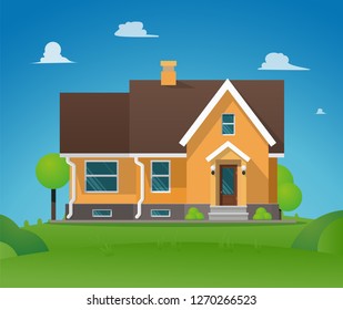 Vector Illustration Cartoon Residential Townhouse. Image Townhouse Background Blue Sky. Concept Life Outside Metropolis. Small Wooden House for Outdoor Living. Growing Trees around House