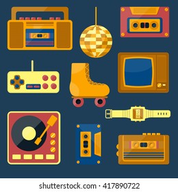 Vector illustration with cartoon retro 1980, 60s, 70s, 80s, 90s icon. Old retro entertainment objects: rollers, tv, recorder, cassette. Vector icons for retro 1980, 60s design. Cartoon icons