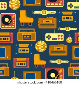 Vector illustration with cartoon retro 1980, 60s, 70s, 80s, 90s background. Old retro entertainment objects: rollers, tv, recorder, cassette. Vector icons for retro 1980, 60s design. Cartoon objects