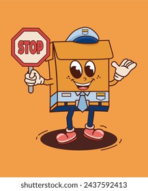 Vector illustration of cartoon retro cardboard policeman character holding traffic stop sign with funny face, perfect for, stickers, posters, t-shirts, mascots, logos, etc