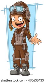A vector illustration of cartoon retro pilot in leather uniform