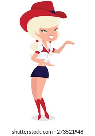 A vector illustration of a cartoon retro pin up cowgirl standing and presenting. She is wearing a cowboy hat, cute mini skirt and red cowboy boots.