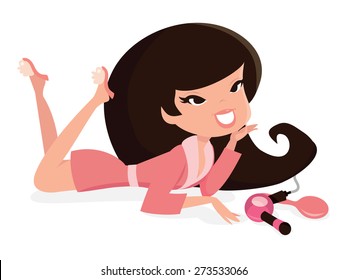 A vector illustration of a cartoon retro pin up girl in bathrobe and bedroom slipper lying down with hairdryer and a brush.