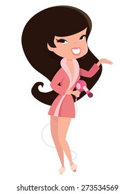 A vector illustration of a cartoon retro pin up girl in bathrobe and bedroom slipper standing while holding a hairdryer.