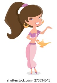 A vector illustration of a cartoon retro pin up genie girl presenting something while holding a magic lamp.