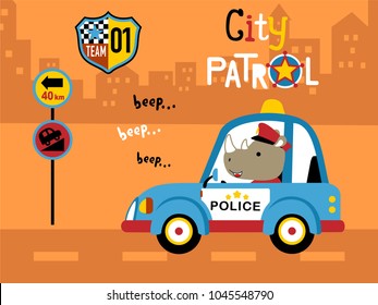 Vector illustration of cartoon rhino driving police car on buildings background, traffic element