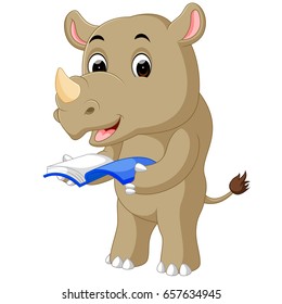 vector illustration of A cartoon rhino holding a book