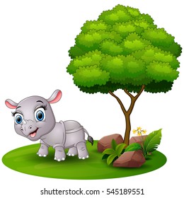 Vector illustration of Cartoon rhino under a tree on a white background