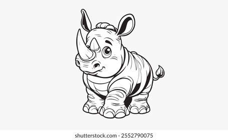 Vector illustration of cartoon Rhinocero black and white drawing For children