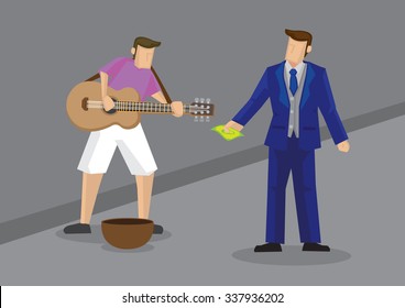 Vector illustration of cartoon rich man dressed in fancy suit giving cash to street performer singing with guitar.