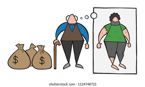 Vector illustration cartoon rich old man with dollar money sacks but dreaming or thinking about his poverty or homeless when he was young.