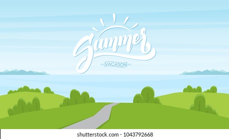 Vector illustration: Cartoon road landscape with handwritten lettering of Summer Vacation.